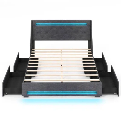 Costway Full Size Bed Frame With Led Lights Wingback Headboard And Charging Station-grey In Black