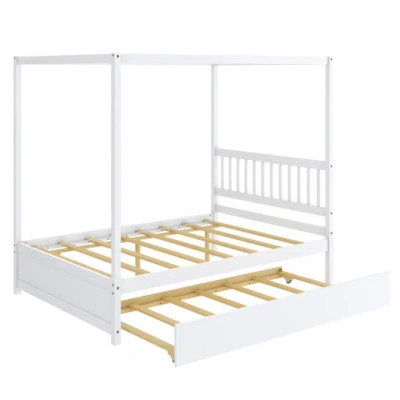 Costway Full Size Canopy Bed With Trundle Wooden Platform Bed Frame Headboard-white