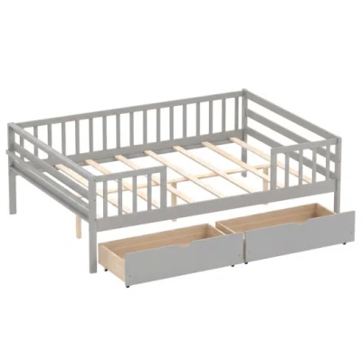 Costway Full Size Daybed With Fence And 2 Drawers For Boys And Girls-gray