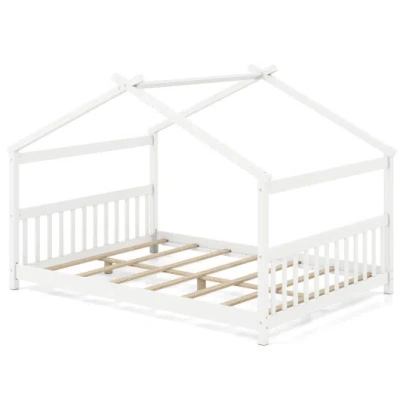 Costway Full Size House Bed Montessori Floor Bed With Headboard-white