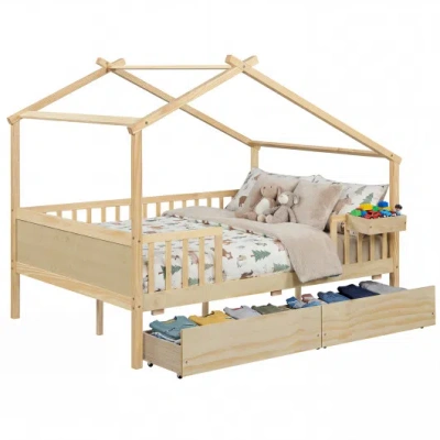 Costway Full Size House Bed With Roof And Fence Rails For Kid-natural In Animal Print
