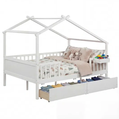 Costway Full Size House Bed With Roof And Fence Rails For Kid-white