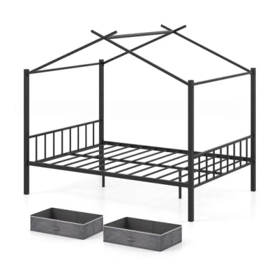 Costway Full Size Metal House Bed With 2 Fabric Drawers For Kids-black