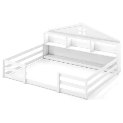 Costway Full Size Montessori Floor Bed With Storage Compartments And Shelf-white