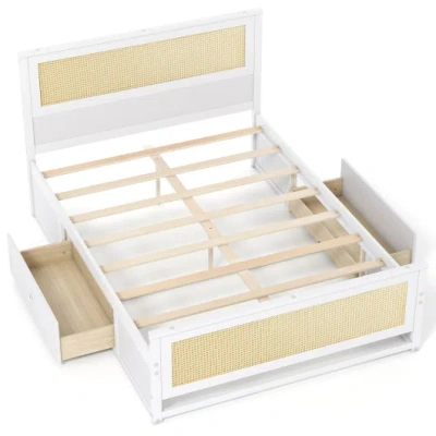 Costway Full Size Rattan Bed Frame With Storage Drawers-white In Animal Print