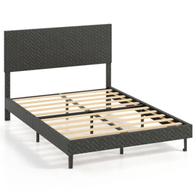 Costway Full Size Velvet Bed Frame Upholstered Platform Bed With Chevron Headboard Gray In Multi