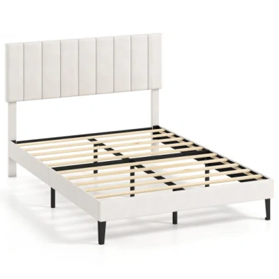 Costway Full Size Velvet Upholstered Platform Bed Frame In White