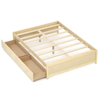 Costway Full Size Wooden Bed Frame With 2 Rolling Storage Drawers-natural In Brown