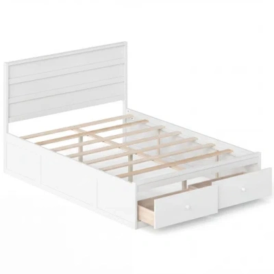 Costway Full Size Wooden Platform Bed Frame With Storage Drawers-white In Multi