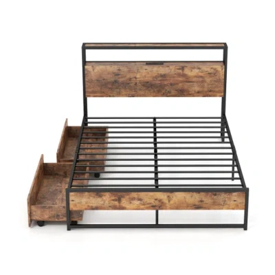 Costway Full/queen Bed Frame With 2-tier Storage Headboard And Charging Station-full Size In Brown