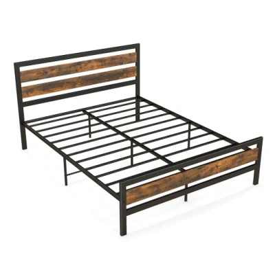 Costway Full/queen Industrial Bed Frame With Rustic Headboard And Footboard-queen Size In Brown
