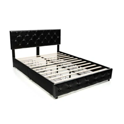 Costway Full/queen Pu Leather Upholstered Platform Bed With 4 Drawers-full Size In Black