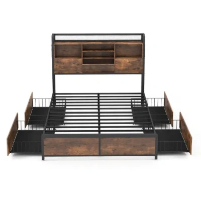 Costway Full/queen Size Bed Frame With Bookcase Headboard And 4 Storage Drawers-full Size In Brown
