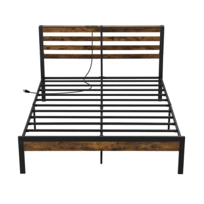 Costway Full/queen Size Bed Frame With Charging Station And Storage Headboard-queen Size In Multi