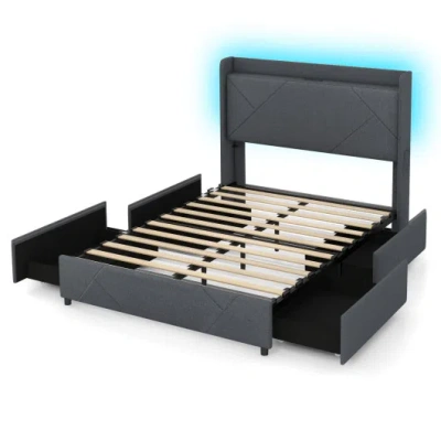 Costway Full/queen Size Bed Frame With Led Lights And Charging Station-full Size In Black