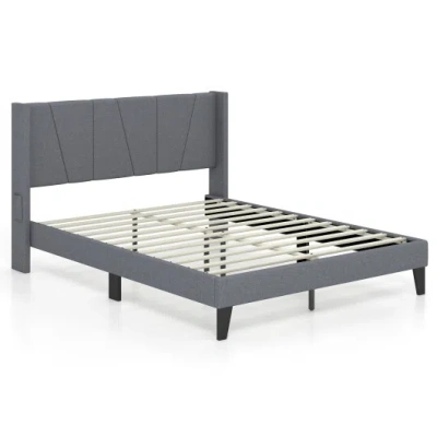 Costway Full/queen Size Bed Frame With Wingback Headboard And Wood Slat Support-full Size In Gray