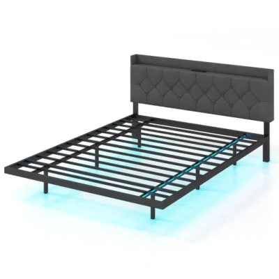 Costway Full/queen Size Floating Bed Frame With Led And Headboard And Charging Station-queen Size In Black