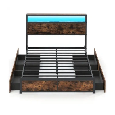 Costway Full/queen Size Led Bed Frame With Charging Station And 4 Storage Drawers-full In Multi