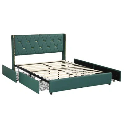 Costway Full/queen Size Upholstered Bed Frame With 4 Drawers-green-full Size In Blue