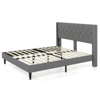 Costway Full/queen Size Upholstered Platform Bed With Button Tufted Headboard-queen Size In Gray