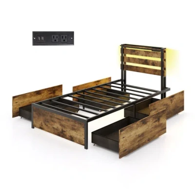 Costway Full/queen/twin Size Bed Frame With Drawers Led Lights And Usb Ports-twin Size In Brown