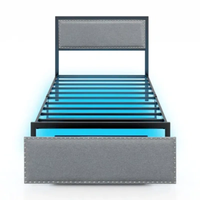 Costway Full/queen/twin Size Bed Frame With Led Lights Drawer And Metal Slats-twin Size In Gray