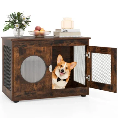 Costway Furniture Style Dog Crate For Small And Medium Dogs With Translucent Window And Lockable Door-rustic In Brown