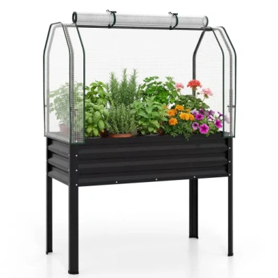 Costway Galvanized Raised Garden Bed With Legs And Greenhouse Cover For Vegetable Flower-black