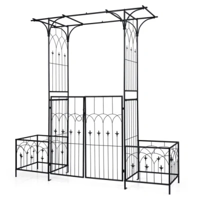 Costway Garden Arbor With Gate And Planter Boxes Heavy Duty Metal Arch With Side Trellis In Black