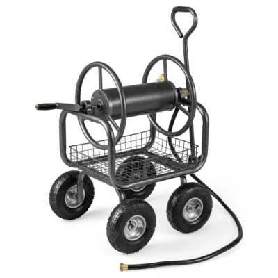 Costway Garden Hose Reel Cart 300 Feet Large Capacity With 4 Wheels And Storage Basket-gray In Black