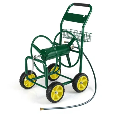 Costway Garden Hose Reel Cart Metal Hose Cart With 4 Wheels And Storage Basket-green