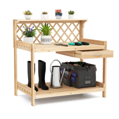Costway Garden Potting Bench Table Wooden Planting Workstation With Lattice Trellis In Brown