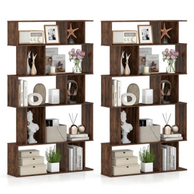 Costway Geometric Bookshelf Set Of 2 5-tier Bookcase With Open Shelves And Closed-back Cubes-brown