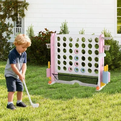 Costway Giant 4-in-a-row Game Set With Ring-toss, Basketball Hoop, Golf Club & Cup Holders Pink+white In Multi