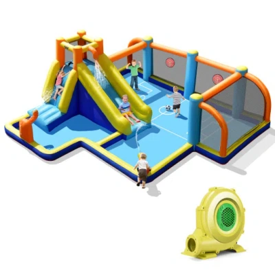 Costway Giant Soccer-themed Inflatable Water Slide With 735w Blower In Multi