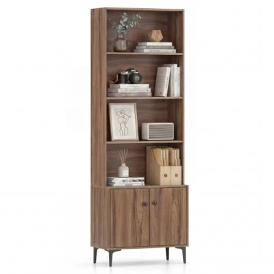 Costway Giantex Bookshelf With Doors And 2 Anti-tipping Kits For Home Office-walnut In Multi