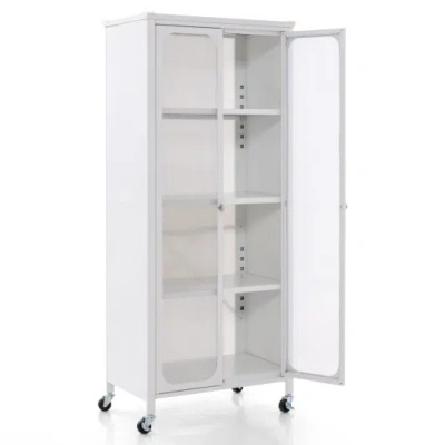 Costway Glass Doors Storage Cabinet With Wheels And Adjustable Shelves-white In Multi