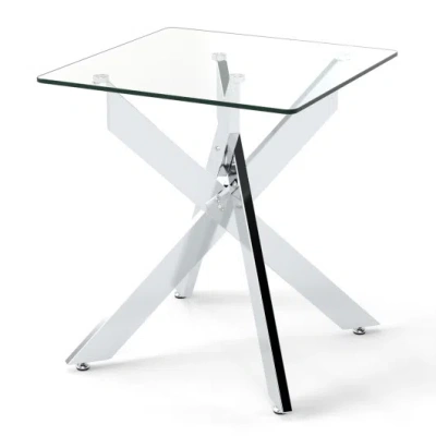 Costway Glass Side Table Square End Table With Tempered Glass Top And Metal X Base-silver In Multi