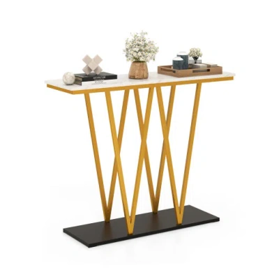 Costway Gold Entryway Table 40 Inch Modern Console Table With Faux Marble Table And Metal Frame-white In Yellow