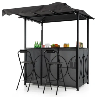 Costway Grill Gazebo With Awning 3-piece Outdoor Bbq Canopy Double-tier Soft Top Barbecue Shelter-gray In Black