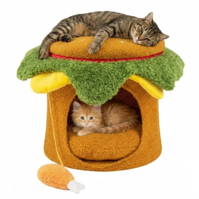 Costway Hamburger Cat Nest With Chicken Drumstick Toy And Removable Cushion For Indoor Cats-yellow In Animal Print