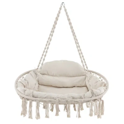 Costway Hand-woven Rope Hanging Chair With Thick Cushion And Folding Metal Frame-beige In White