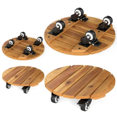 Costway Heavy Duty Acacia Wood Rolling Plant Stand With 360° Lockable Casters-set Of 4 In Brown