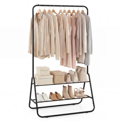 Costway Heavy Duty Clothes Rack With Hanging Rod And Storage Shelves-black