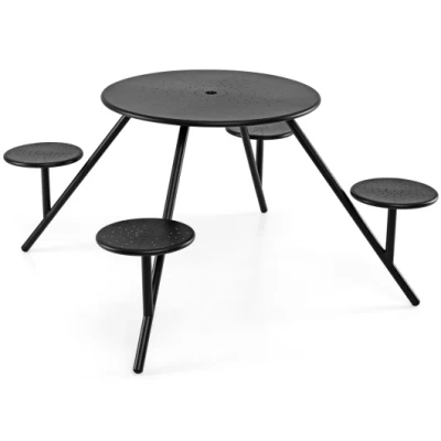 Costway Heavy Duty Round Picnic Table For 4 With Iron Seats & Umbrella Hole-black In Animal Print