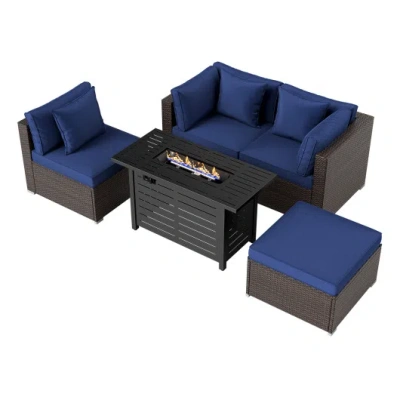 Costway Heavy-duty Frame Rattan Sofa Set With 60000 Btu Firepit Table-navy In Blue