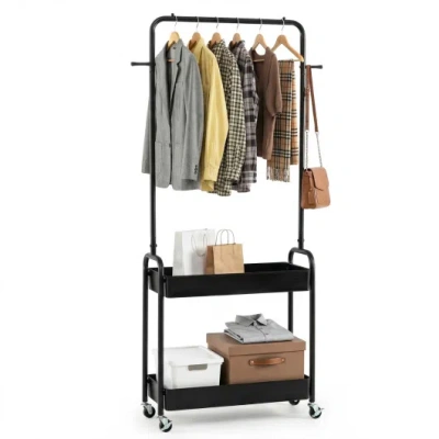 Costway Heavy-duty Laundry Cart With Hanging Rod And 2 Storage Baskets For Bedroom-black