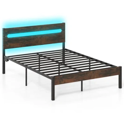 Costway Heavy-duty Metal Slats Support Bed Platform With Charging Station-rustic Brown