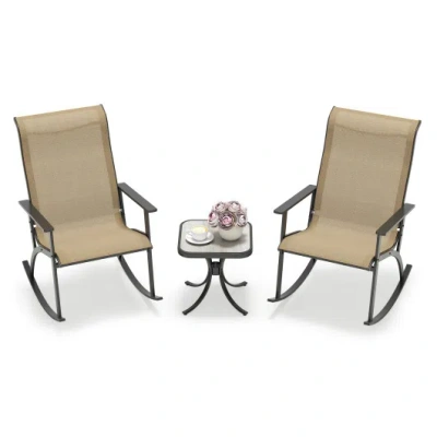 Costway Heavy-duty Rocking Bistro Chairs And Table Set With High Backrest And Wood-plastic Tabletop-brown In Multi