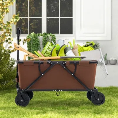 Costway Heavy-duty Wagon Cart With Adjustable Handlebar Bottle Holders & Storage Pocket In Coffee